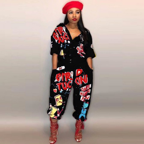 2022 New Style Brand Fashion Hip Hop Style Women Jumpsuit Special Letter Turn Down Collar Half Sleeve Romper Jumpsuit ► Photo 1/6