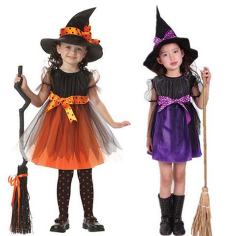 Toddler Girl Witch Cosplay Costume Kids Short Sleeve Dress with Polka Dot Ribbon Pointed Hat for Halloween Fairytale Party Props ► Photo 1/6
