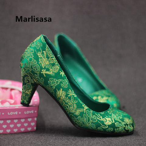 Marlisasa Women Cute Light Weight Green Floral Pattern Slip on High Heel Pumps Ladies Casual Wedding Red Embroidery Shoes H5519 ► Photo 1/6
