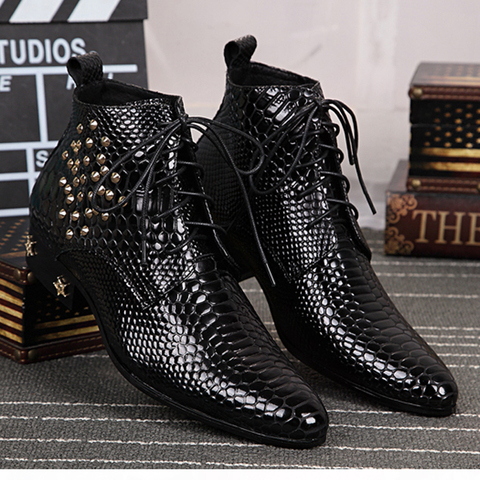 black Bright skin leather men's boots chelsea fashion shoes rivet High quality men's shoes Formal Lace up pointed shoes ► Photo 1/6