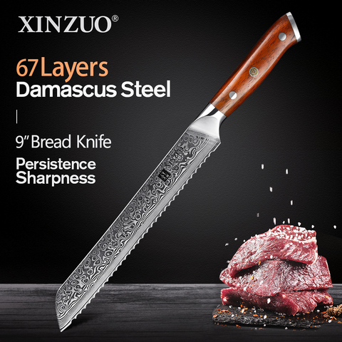 XINZUO 9''inch Bread Knife Damascus Steel VG10 Damascus Steel Blade Sawtooth Knives Kitchen Knife with Rosewood Handle ► Photo 1/6