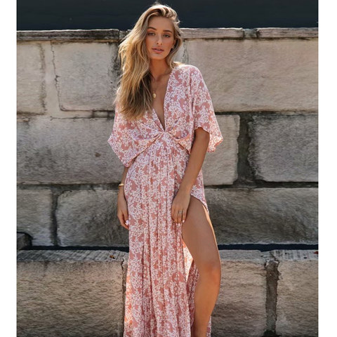 Boho 2022 Summer Floral Printed Split Sexy Maxi Dress Deep V Neck Short Sleeve Vintage Vestidos Casual Clothes Women Dresses ► Photo 1/1