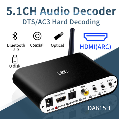 DA615H 5.1CH Audio Decoder Bluetooth 5.0 Reciever DAC Wireless Audio Adapter Optical Coaxial U play ARC DAC DTS AC3 Converter ► Photo 1/6