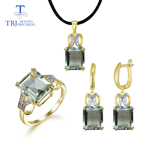 natural green amethyst quartz gemstone jewelry set Ring Necklaces and earrings 925 silver fine jewelry for women with gift box ► Photo 1/6