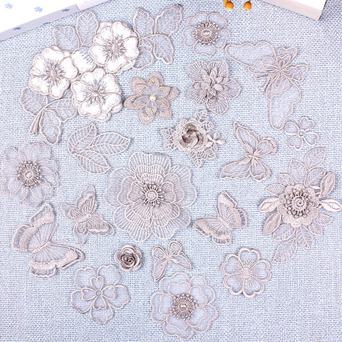 Grey Lace Organza Flower Leaf Butterfly Embroidered Iron on Patches for Clothing Applique Stripe Clothes Sticker Thermo Adhesive ► Photo 1/6