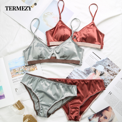 TERMEZY New Women Underwear Wire Free satin bra thin 3/4 cups Bra and Panty Set Hollow Lingerie Women Brassiere Bralette ► Photo 1/6