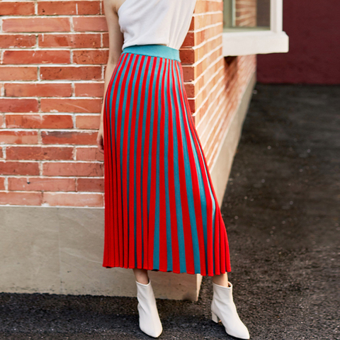 AEL spring autumn new red warm knitted long skirt women dusty blue stripe straight skirts Elastic band ladies ► Photo 1/6