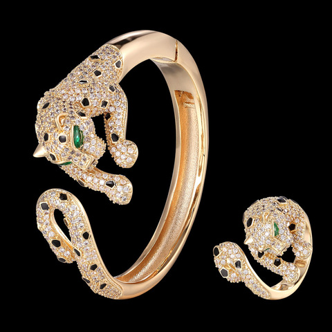 Zlxgirl brand Full pave cubic zircon leopard Bracelet with ring jewelry sets fashion Jet Enamel Animal Love Bangles gifts ► Photo 1/2