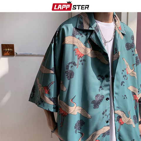 LAPPSTER Mens Crane Print Shirts Harajuku 2022 Summer Vintage Button Up Short Sleeve Shirts Male Korean Fashions Smooth Blouses ► Photo 1/6