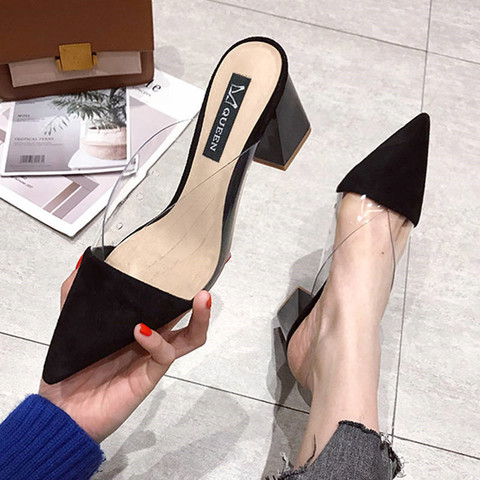 Suede Pumps Summer Shoes Women Fashion Pointed High Heels New Muller Square Heel Slippers Women Slip-On Shallow Ladies Shoes ► Photo 1/6