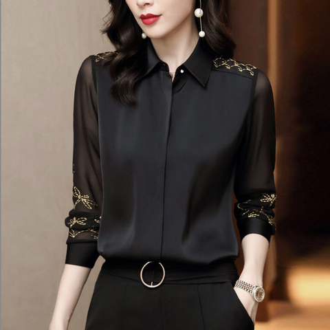 Women Spring Autumn Style Chiffon Blouses Shirts Lady Embroidery Long Sleeve Turn-down Collar Lace Decor Blusas Tops DF0004 ► Photo 1/6