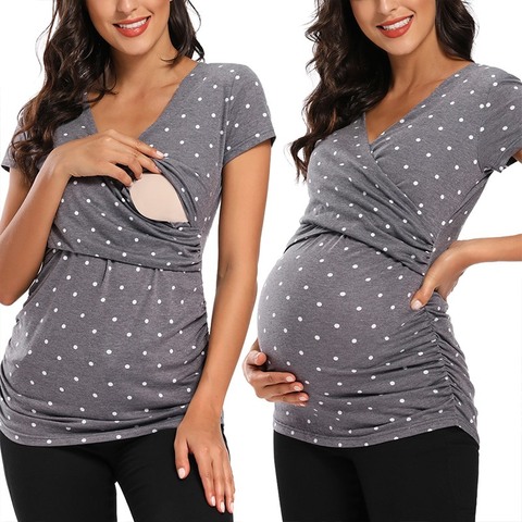 Womens Maternity Breastfeeding Clothes Short Sleeve Pregnant Clothes Pleated Side Open Pregnancy T-Shirt Nursing Top ► Photo 1/6