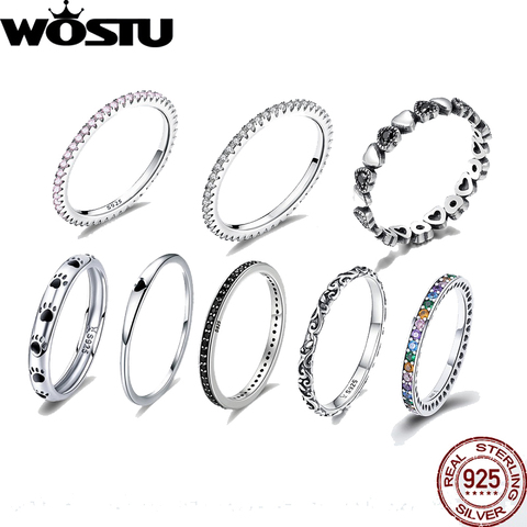 WOSTU Genuine 100% 925 Sterling Silver Glitter Stackable Circle Finger Rings For Women Engagement Silver Round Jewelry DXR066 ► Photo 1/5