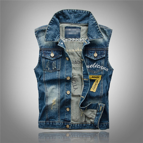 yelek erkek 2022 Men's Patches Design Jeans Vest Ripped Denim Waistcoat Men Denim Vest Man Sleeveless Jeans Vest Frayed size 5XL ► Photo 1/6