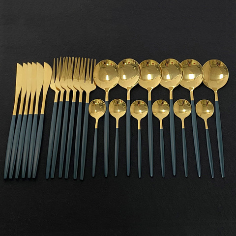 24Pcs New Green Gold Cutlery Set Mirror Dinnenrware Set 18/10 Stainless Steel Flatware Dinner Knife Fork Spoon Teaspoon For Home ► Photo 1/6