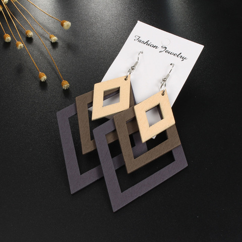 BELLAHYDIARY Fashion Boho Geometric Multilayer Wood Earrings For Women Jewelry Statement Hollow African Indian Wooden Earring ► Photo 1/6