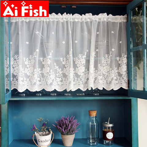 1pcs Rod Pocket  White Lace Curtain for Kitchen Window Cabinet White Floating Tulle Short Valance Voile Ties Home Decor ZH024#40 ► Photo 1/6