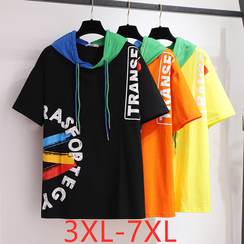 New 2022 summer plus size tops for women hoodie large loose short sleeve print cotton T-shirt black yellow 3XL 4XL 5XL 6XL 7XL ► Photo 1/6