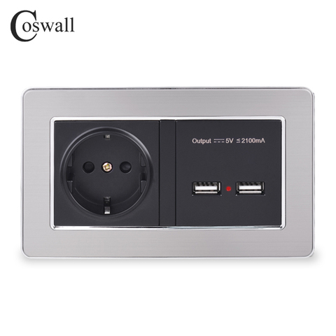 COSWALL Wall Socket EU Standard Power Outlet With Dual USB Smart Induction Charge Port For Mobile 5V 2.1A Stainless Steel Panel ► Photo 1/4