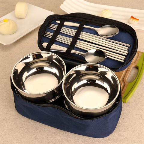 Portable Barbecue Tableware Set Camping Stainless Steel Bowl Chopsticks Spoon Suit Bag Lovers Tableware Set Kitchen Accessories ► Photo 1/6