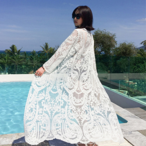 2022 Dress Beach White Lace Summer Maxi Dress Women Long Sleeve Beach Cover Up Sexy See Through Boho Bikini Beachwear Cover-ups ► Photo 1/6