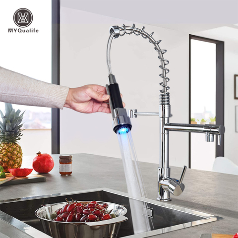 Kitchen Faucet Brushed LED Light Pull-down spring Kitchen Mixer with Hot Cold Water Single Handle Swivel Spout Handheld Head ► Photo 1/6