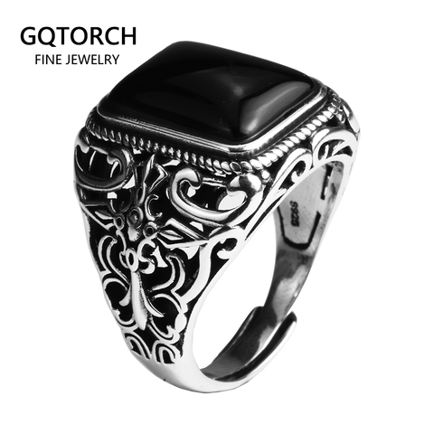 Real 925 Sterling Silver Vintage Rings For Men Natural Black Onyx Stone Square Shape Hollow Cross Flower Carved Punk Jewelry ► Photo 1/6