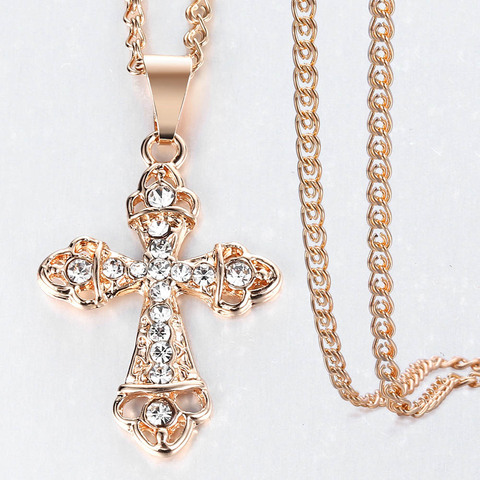 Prayer Jesus Necklace Chain 585 Rose Gold White Crystal Cross Pendant Necklace for Men Women Jewelry Gifts GP407 ► Photo 1/6