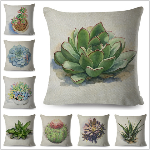 Nordic Style Watercolor Succulent Plants Pillow Case Linen 45*45cm Decor Cartoon Cactus Cushion Cover for Car Sofa Pillowcase ► Photo 1/6