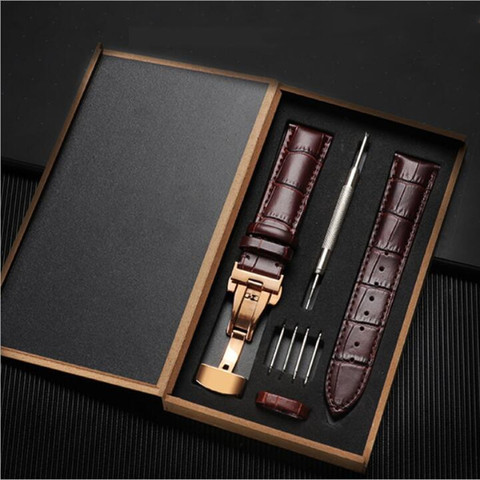 Leather Watch Band 12mm-24mm Double Press Butterfly Buckle Leather Watch Strap Bracelet with Repair Tool in Wooden Box ► Photo 1/6