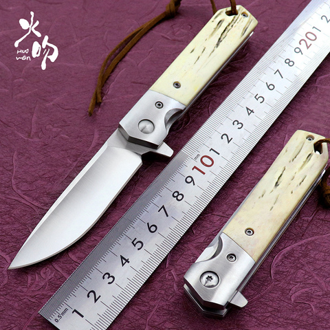 HUOWEN bearing Flipper pocket knife outdoor high hardness DC53 steel blade cow bone handle hunting folding knives fishing tool ► Photo 1/6