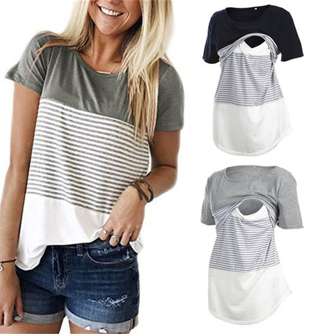 Women Maternity Breastfeeding Tee Nursing Tops Striped Short Sleeve T-shirt Plus Size S-2XL Maternity Clothing Tees ► Photo 1/6
