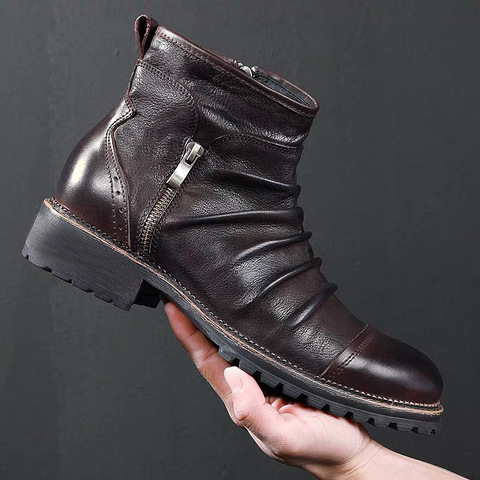 Yomior New Fashion Vintage British Men Leather Shoes Casual Round Toe Zip Ankle Boots Spring Autumn Business Dress Chelsea Boots ► Photo 1/6