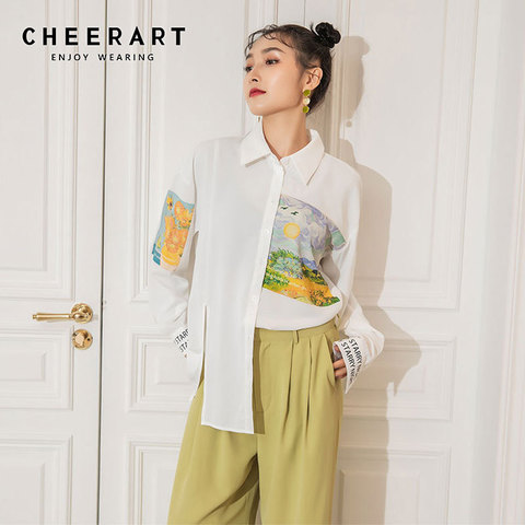 CHEERART Autumn Oil Painting Long Sleeve Blouse Women White Button Up Collar Oversized Shirt Designer 2022 Women Fashion ► Photo 1/5
