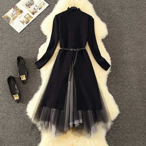 Women Vintage Black Long Knit Dress suit Turtleneck Knitting Gauze Slim Dress 2 pcs set women 2022 Autumn Winter Dress ► Photo 1/5