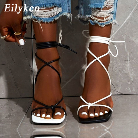 Eilyken New Fashion Sexy Lace Up Women Sandals Square Toe Thin Heel Cross Tied Party Shoes High Heel 9CM Black White Size 35-42 ► Photo 1/6