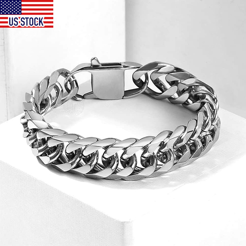 10/15mm Mens Bracelet 316L Stainless Steel Heavy Silver Color Double Curb Cuban Link Rombo Chain Bangles Male Jewelry DHB289A ► Photo 1/6