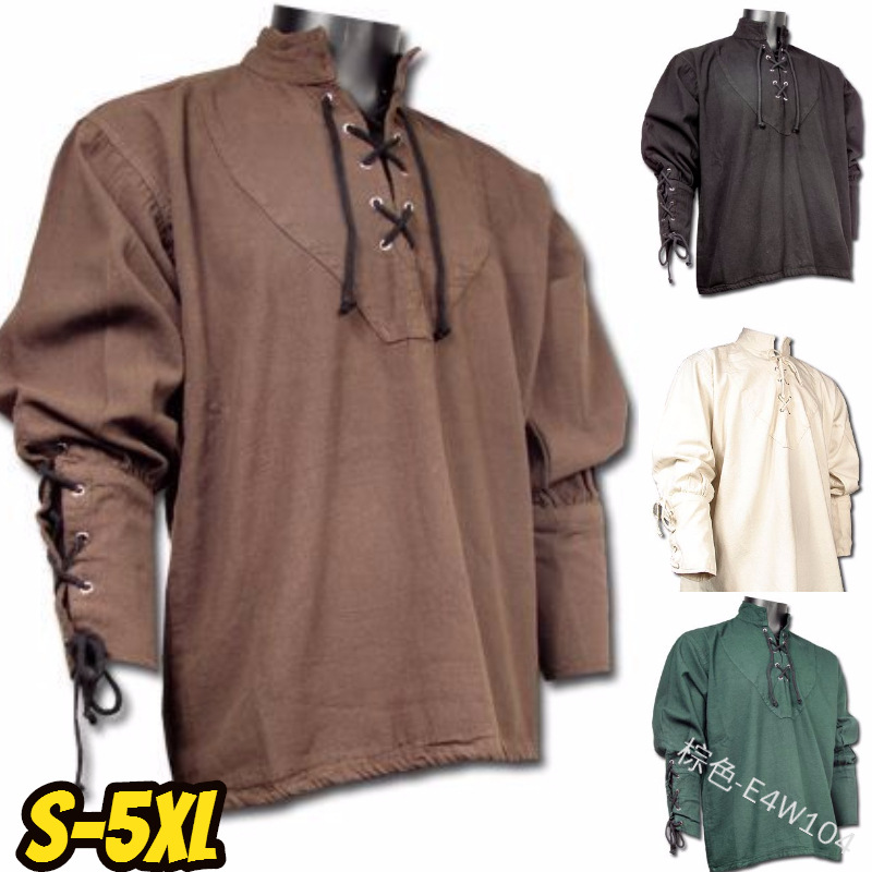 Medieval Men's Viking Shirt Pirate Shirt Lace-up V Neck Shirt LARP Tops  Costume