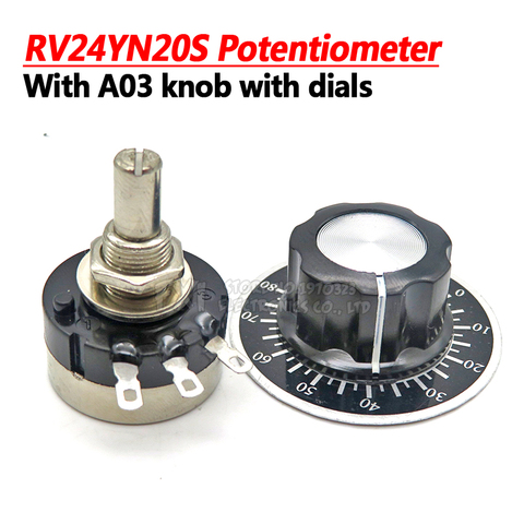 RV24YN20S 1K 2K 5K 10K 20K 50K 100K 200K 500K 1M ohm Single Turn Carbon Film Rotary Taper Potentiometer with A03 knob with dials ► Photo 1/4