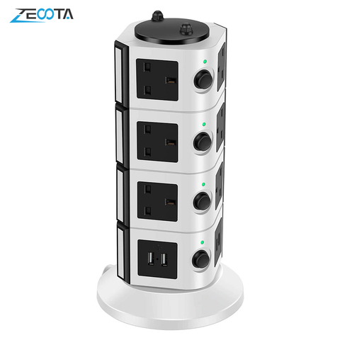 Vertical Power Strip Multiple Surge Protector Extension Socket Individually Switched Plug Outlet USB Charging Station 2m Cable ► Photo 1/6