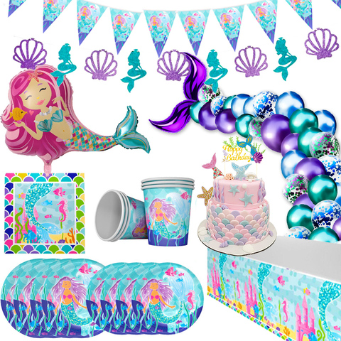 Little Mermaid Ariel Theme Girl Kids Birthday Party Decoration Plate Cup  Banner Disposable Tableware Set Baby Shower Supply - AliExpress