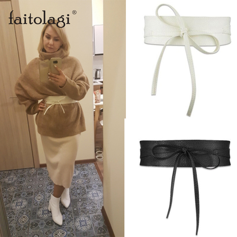 Fashion Women Corset Belt Spring Autumn Wide Ladies Belts For Dresses Pu Leather Self Ties Bow Black White Female Waist Belts ► Photo 1/6