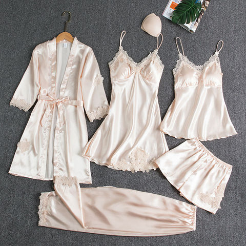 Female 5PCS Pajamas Set Sleepwear Satin Pyjamamas Lace Patchwork Bridal Wedding Gift Nightwear Silky Homewear Nighty&Robe Suit ► Photo 1/1