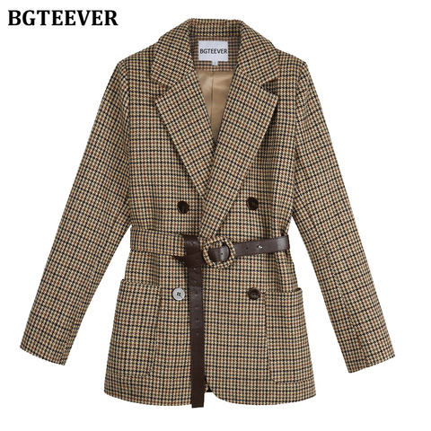 BGTEEVER Vintage Houndstooth Women Blazer Sashes Double-breasted Plaid Female Suit Jacket Long Sleeve Pockets blaser femme 2022 ► Photo 1/6