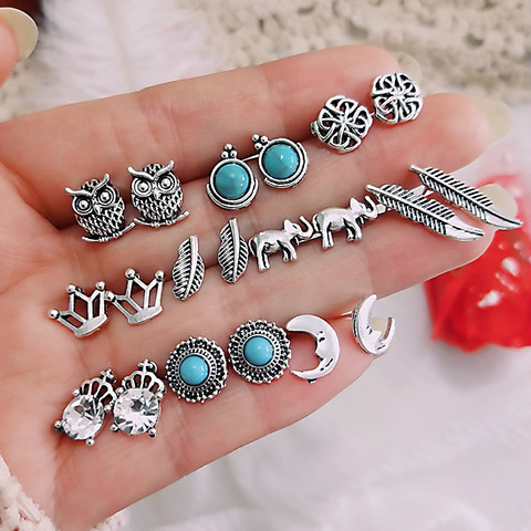 10pair/set Vintage small Stud Earrings For Women Owl Elephant Crown Leaves Moon Stone Earring Fashion Jewelry Gift ► Photo 1/6