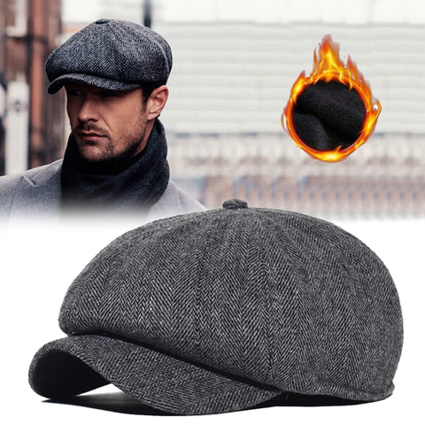 Men Newsboy Cap Winter Thick Vintage Herringbone Octagon Cap Women Casual Stripe Berets Gatsby Flat Hat ► Photo 1/6