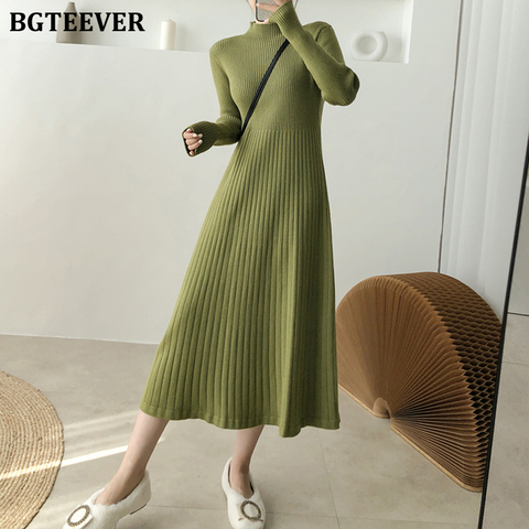 BGTEEVER Elegant Warm Half Turtleneck Ladies A-line Sweater Dress Full Sleeve Slim Waist Women Knitted Mid-Calf Vestidos Autumn ► Photo 1/6