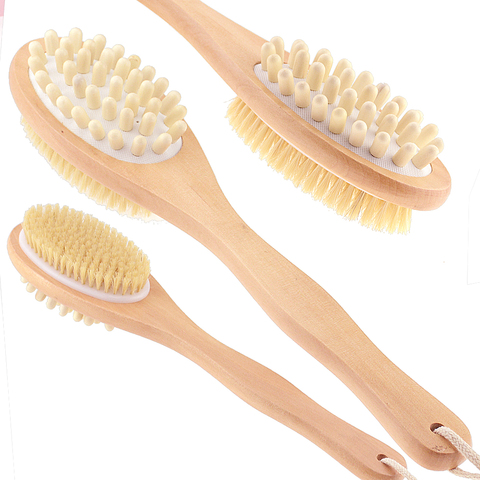 2-in-1 Body Brush Sided Natural Bristles Body Brush Scrubber Long Handle Wooden Spa Shower Brush Bath Massage Brushes ► Photo 1/5