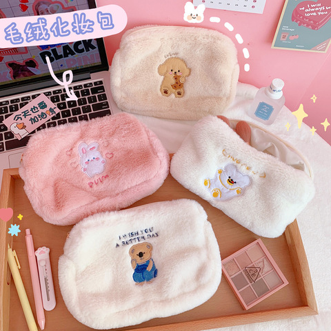 Cartoon Bear Embroidery Plush Bag Girl Pearl Cosmetic Bag Student Soft Pencil Makeup Storage Organizer Pouch Cute Clutch Handbag ► Photo 1/6