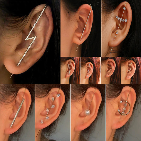 New Ear Needle Wrap Crawler Hook Earrings for Women Surround Auricle Diagonal Stud Copper Inlaid Zircon Piercing Earrings /1 Pc ► Photo 1/6